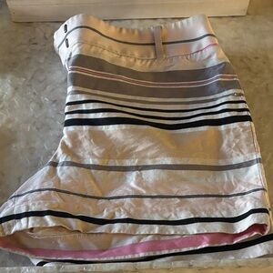 LOFT Beige and Black Striped Shorts with Pink Trim